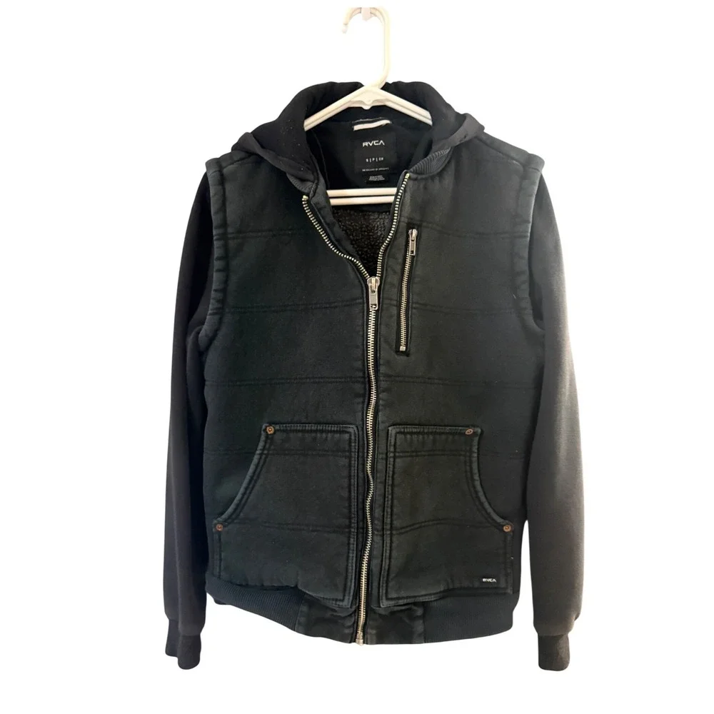 RVCA Mens Hooded Sherpa Lined‎ Jacket Black Canvas Fleece Full Zip Small